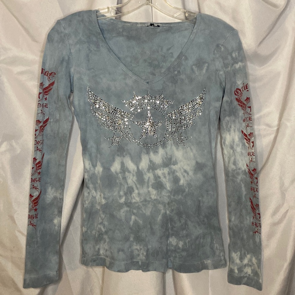 Sledge USA blue tie dye and red gemstone long sleeve